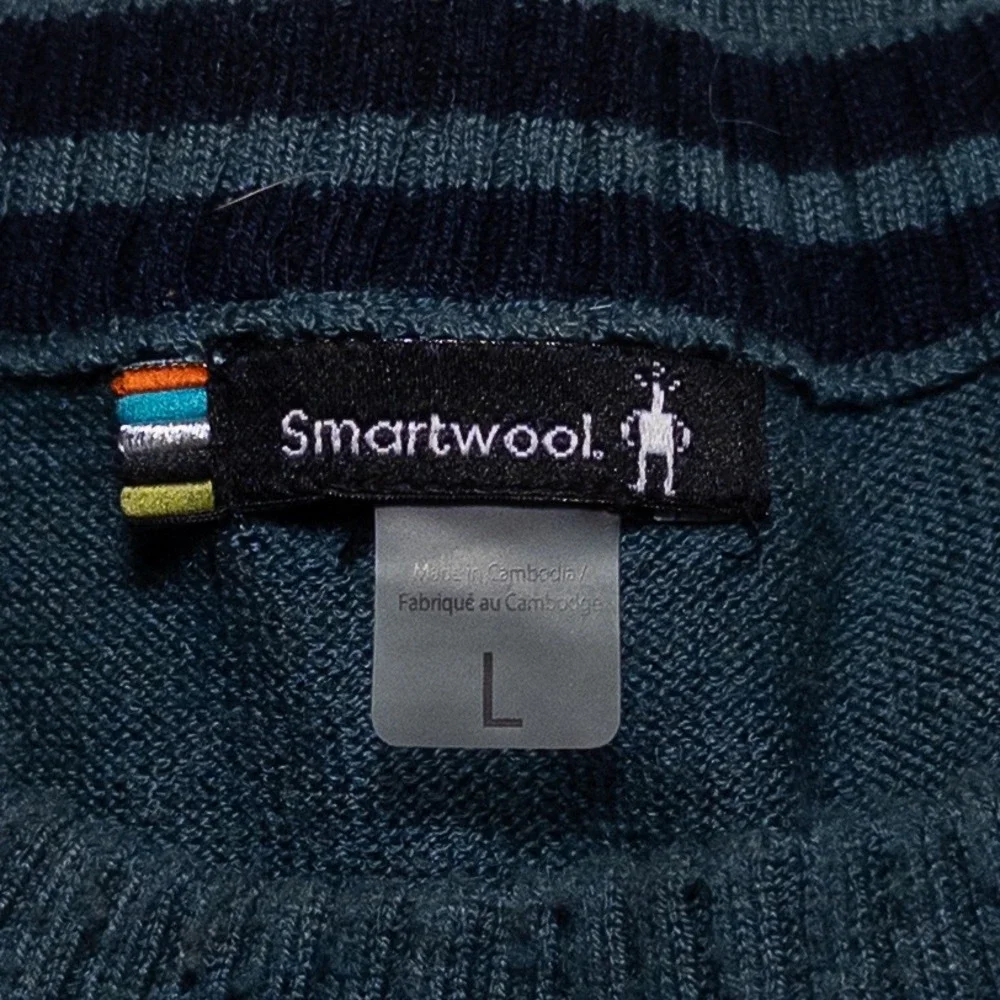 Smartwool Mens Sweater Large Blue Merino Wool Blend Striped Crewneck Pullover